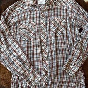 60s Vintage Wrangler Men's Plaid Shirt - Brown, Blue, and White
